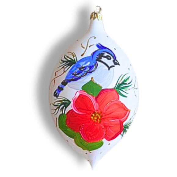 Large Hand-Painted Glass Christmas Ornament Blue Jay Poinsettia White Teardrop - Picture 1 of 7